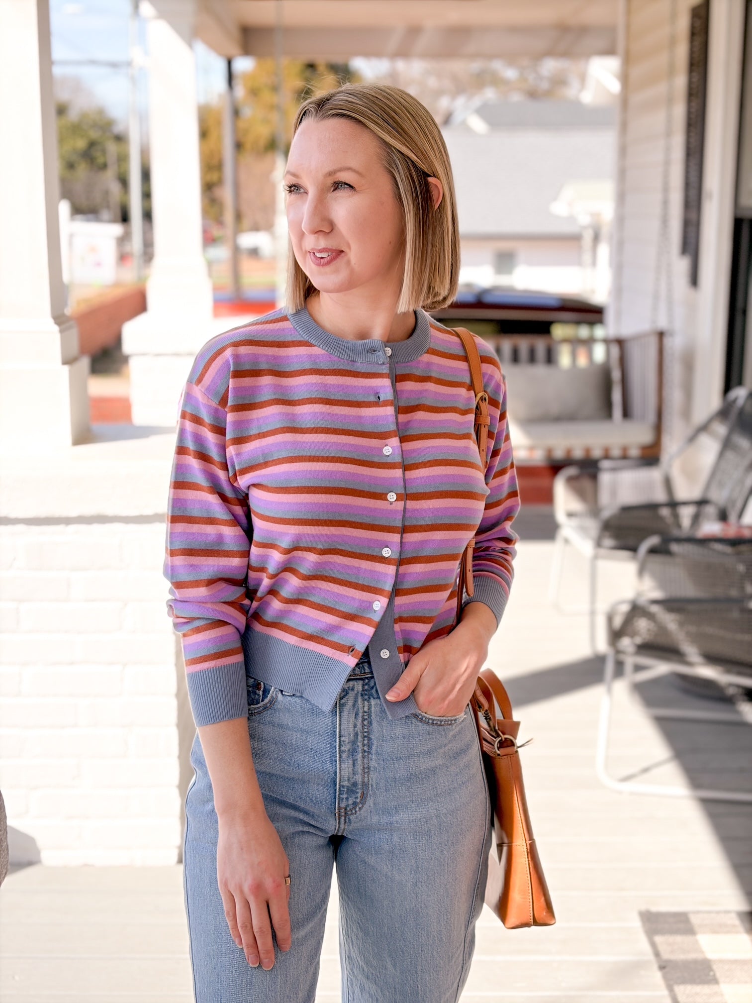 cardigan with light blue, pink, red and purple stripes
