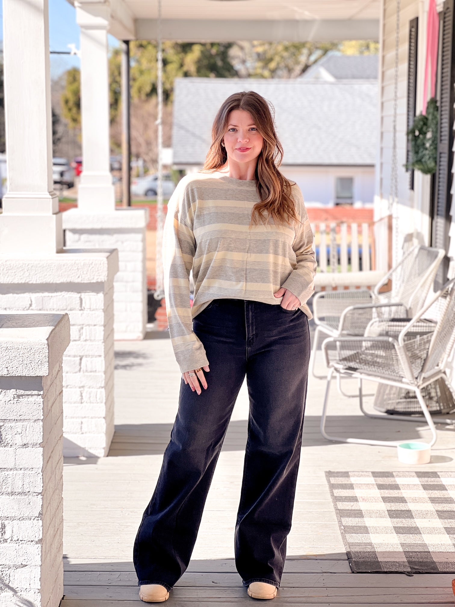 Grey/Buttercream Striped Long Sleeve Lightweight Sweater