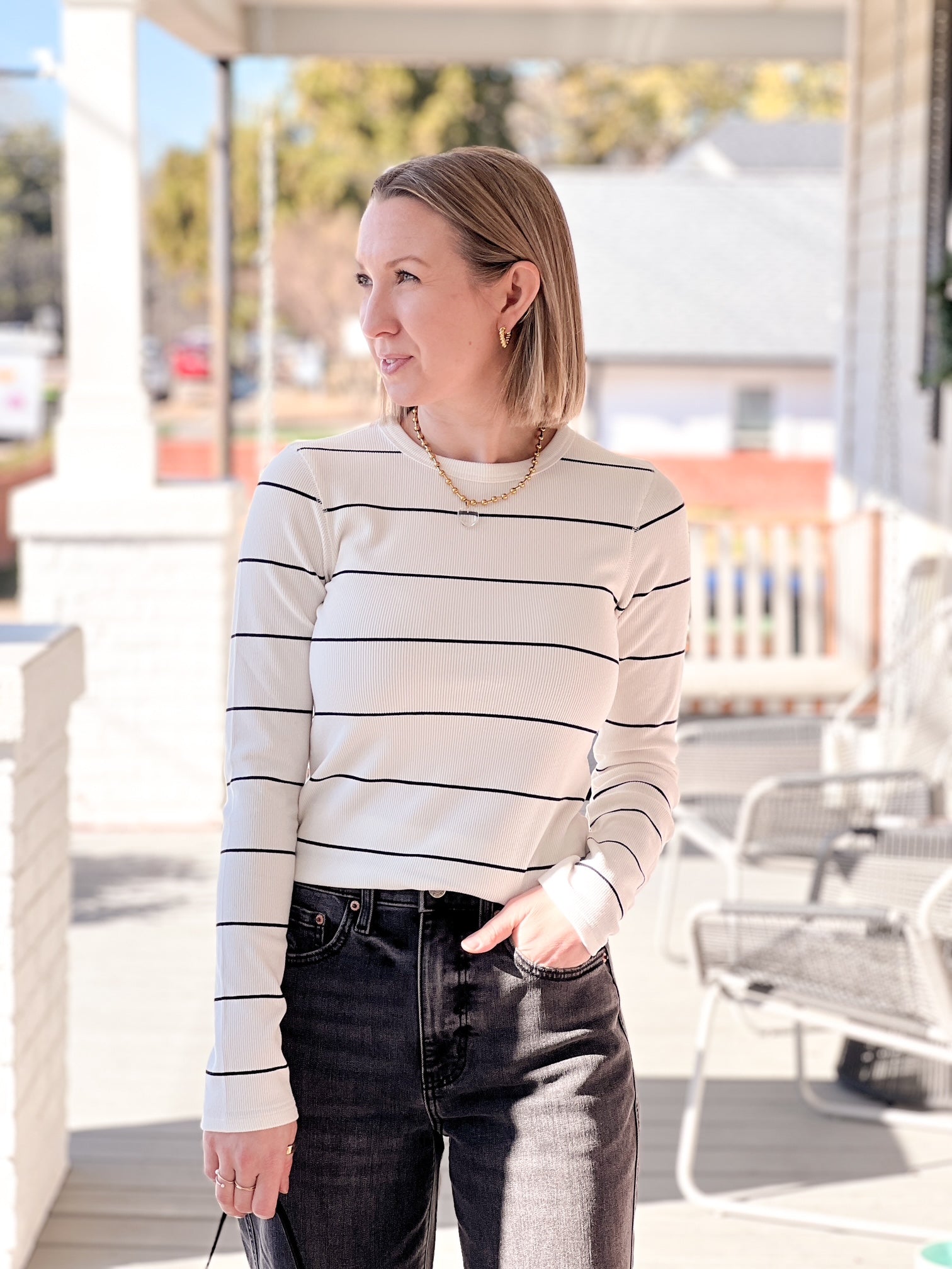 Ivory/Black Striped Long Sleeve Casual Top