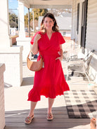 Red Short Sleeve Midi Length Dress
