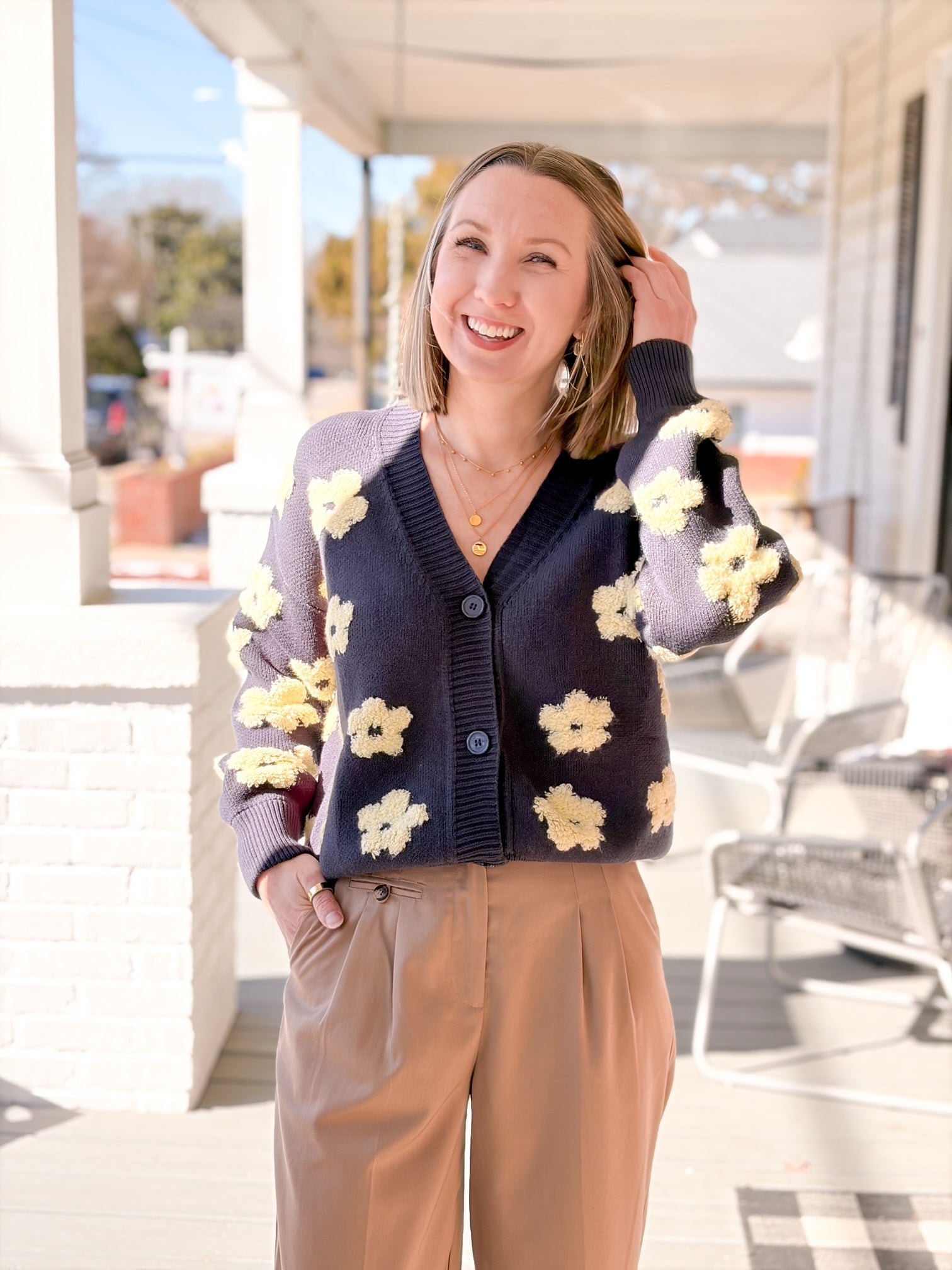 Blue Floral Button Front Long Sleeve Cardigan