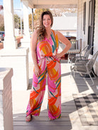 bright abstract pattern wide leg pants with elastic waist