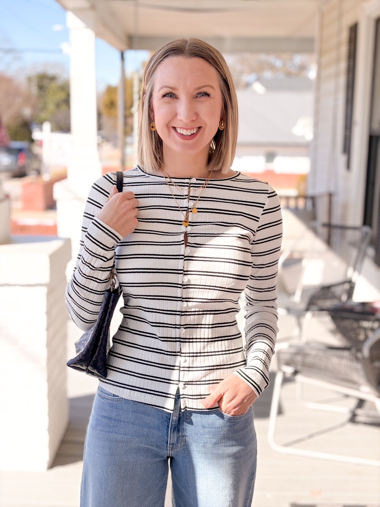 White/Black Striped Button Front Top