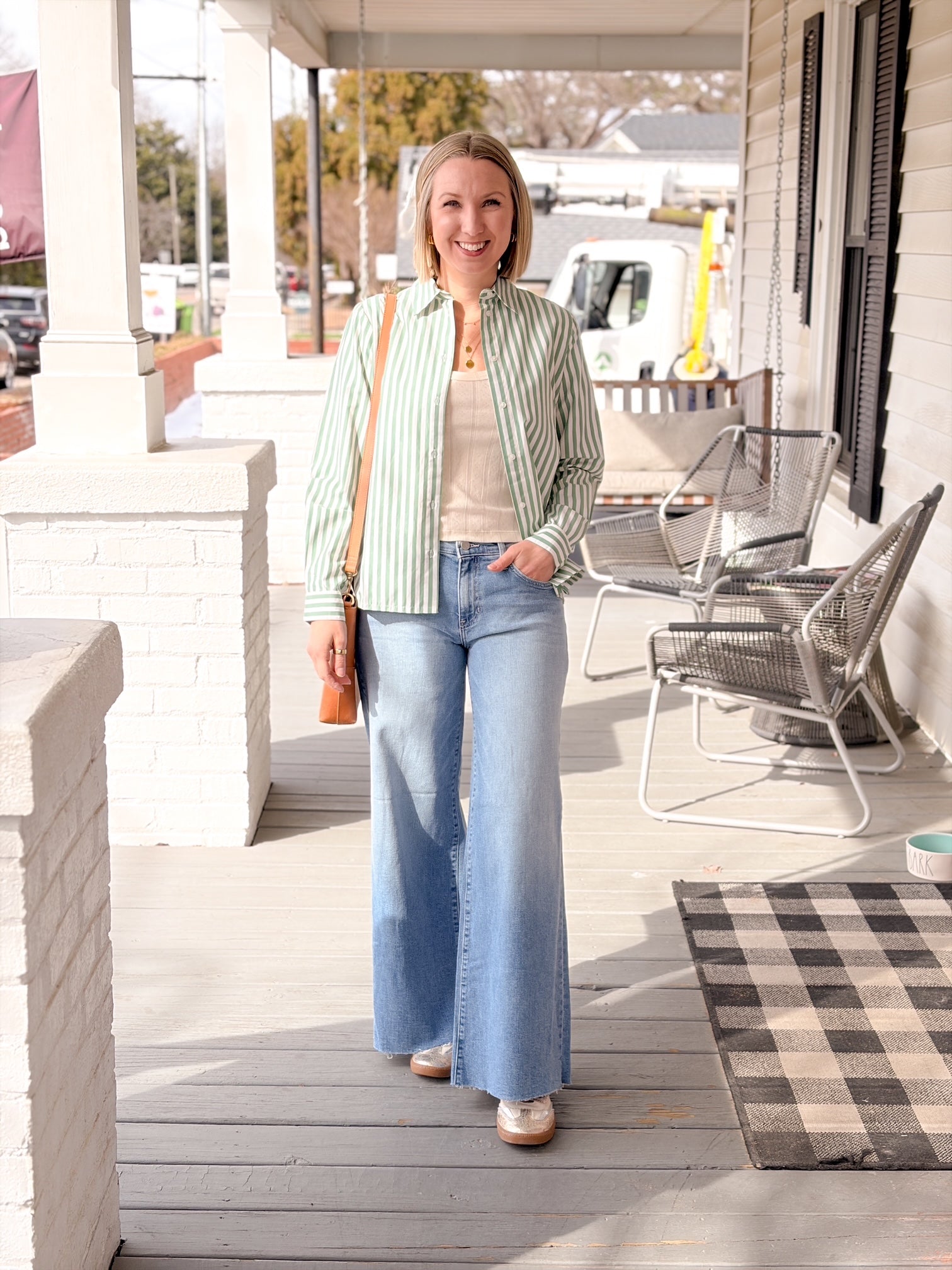 Green Striped Long Sleeve Collared Top