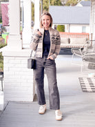 brown cardigan with black detailing, zip front