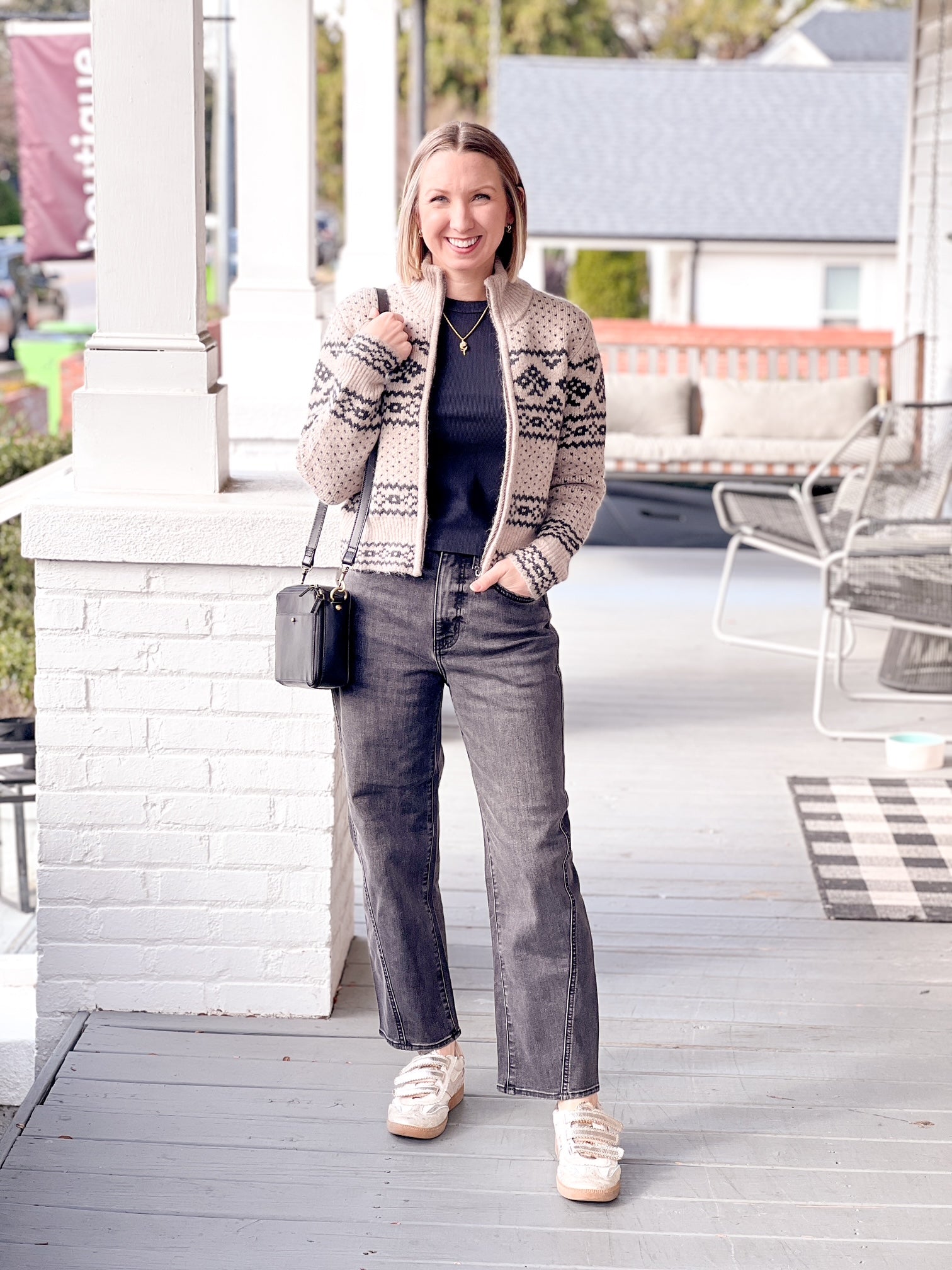 brown cardigan with black detailing, zip front