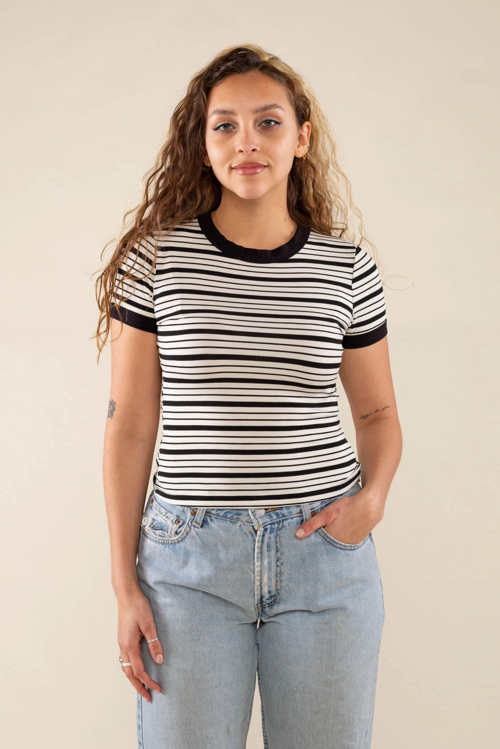 Black and Ivory Striped Top Apex Ethical Boutique