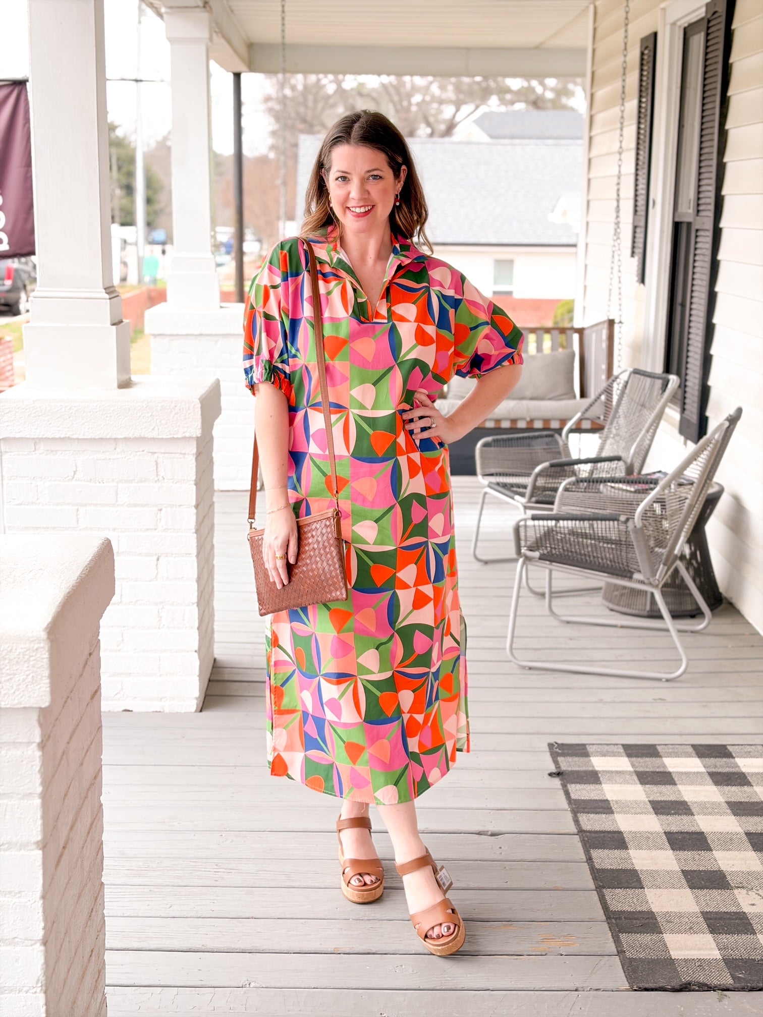 colorful abstract floral pattern midi length dress