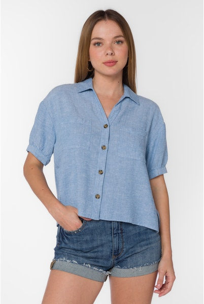 Blue Collared Neck Short Sleeve Top Apex Ethical Boutique