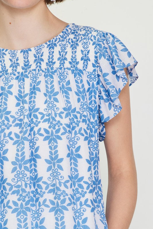 Blue Floral Smocked Top Apex Ethical Boutique