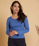 Blue Ribbed Scalloped Long Sleeve Top