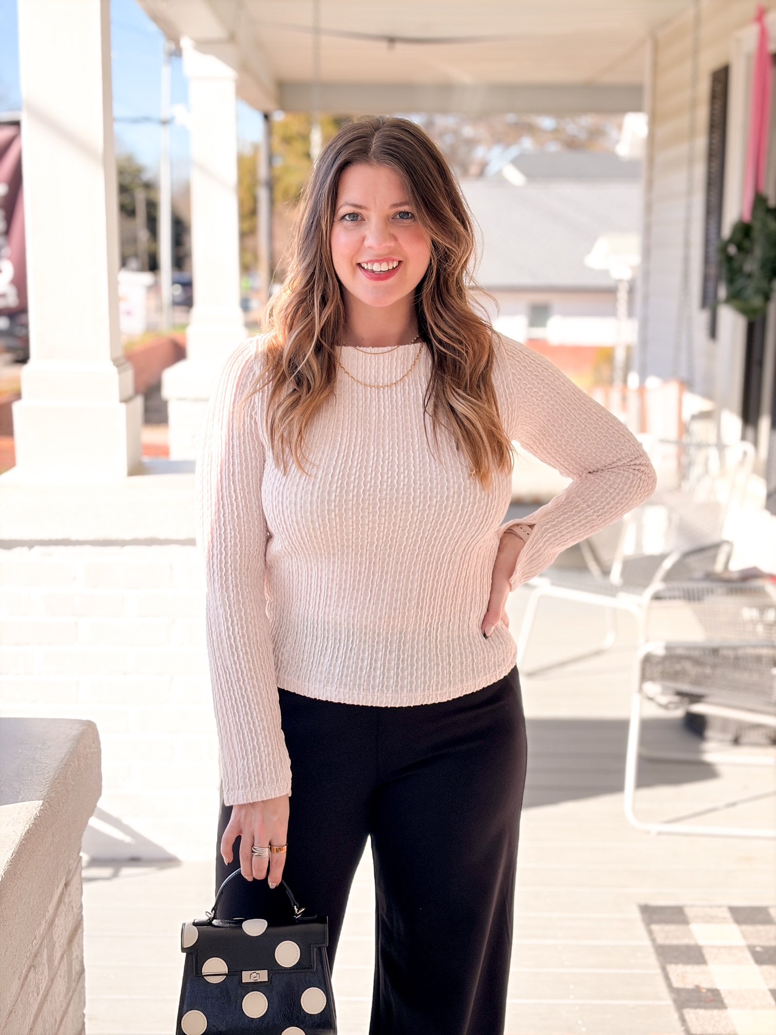 long sleeve white pink top with boat neckline