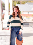 Green/Cream Striped Collared Top