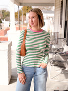 Green/White/Pink Striped Long Sleeve Ribbed Top