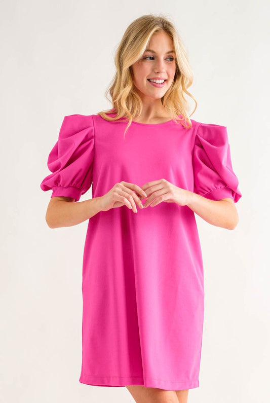 Bright Pink Puff Sleeve Dress Apex Ethical Boutique