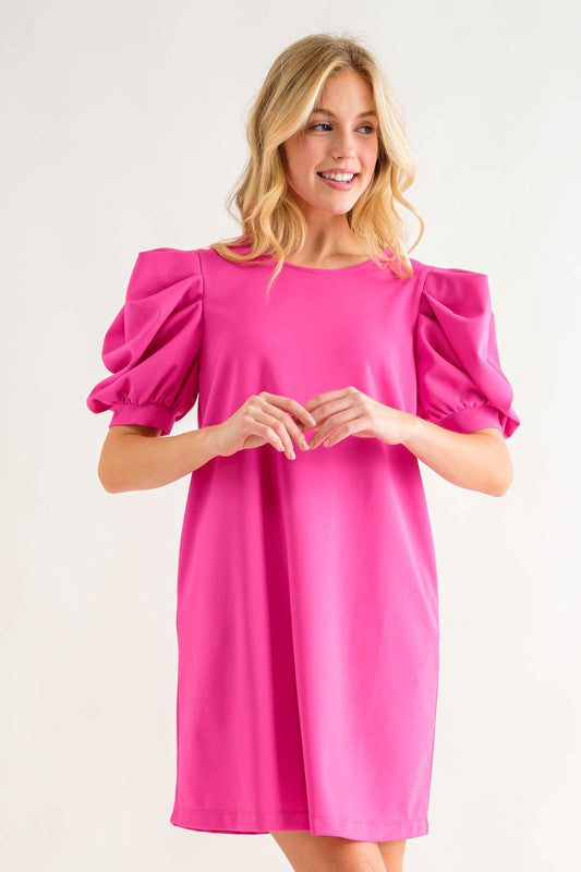 Bright Pink Puff Sleeve Dress Apex Ethical Boutique