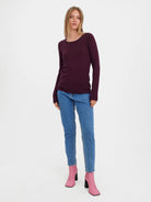 Burgundy Textured Crew Neckline Long Sleeve Top 