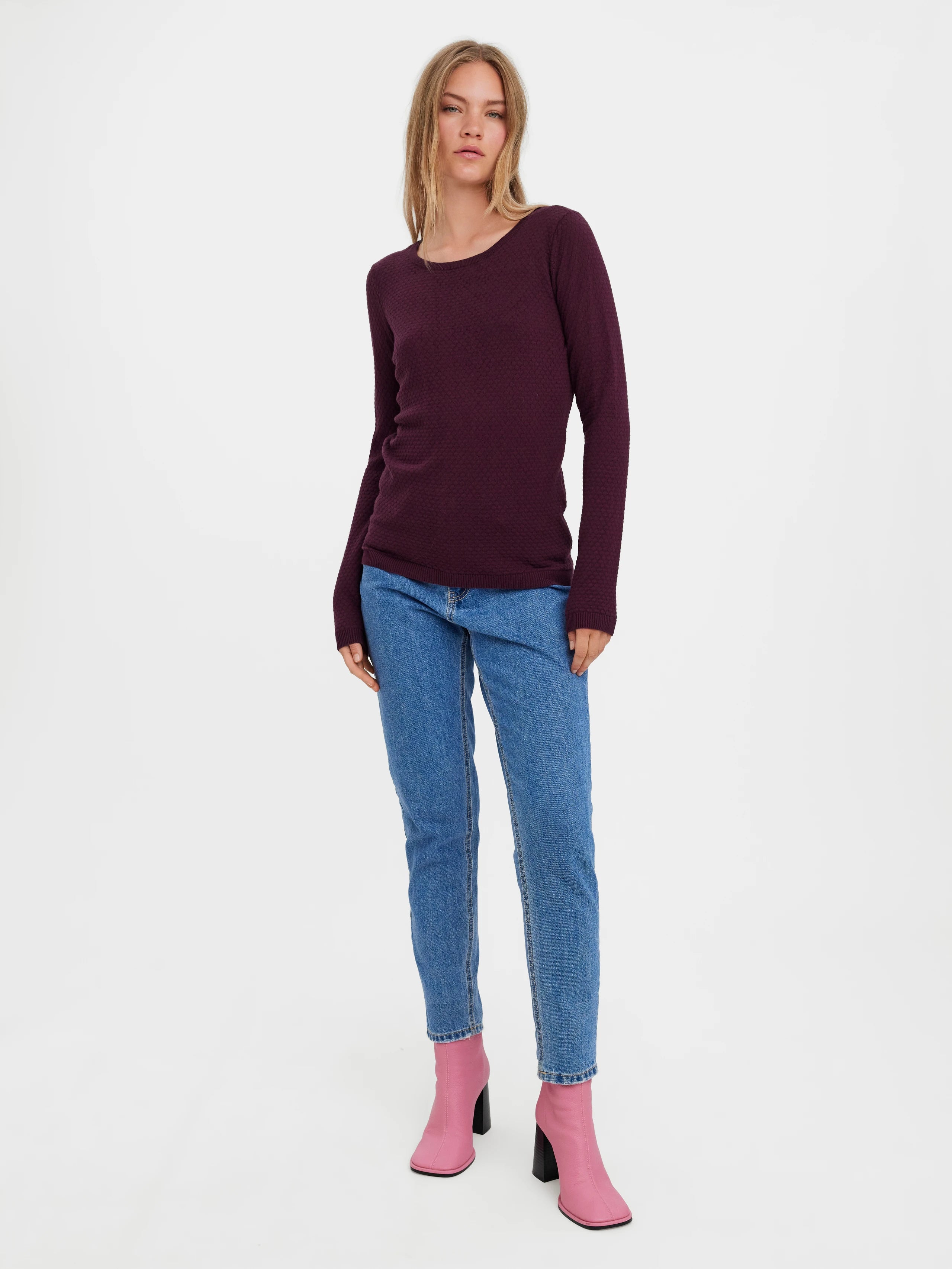 Burgundy Textured Crew Neckline Long Sleeve Top 