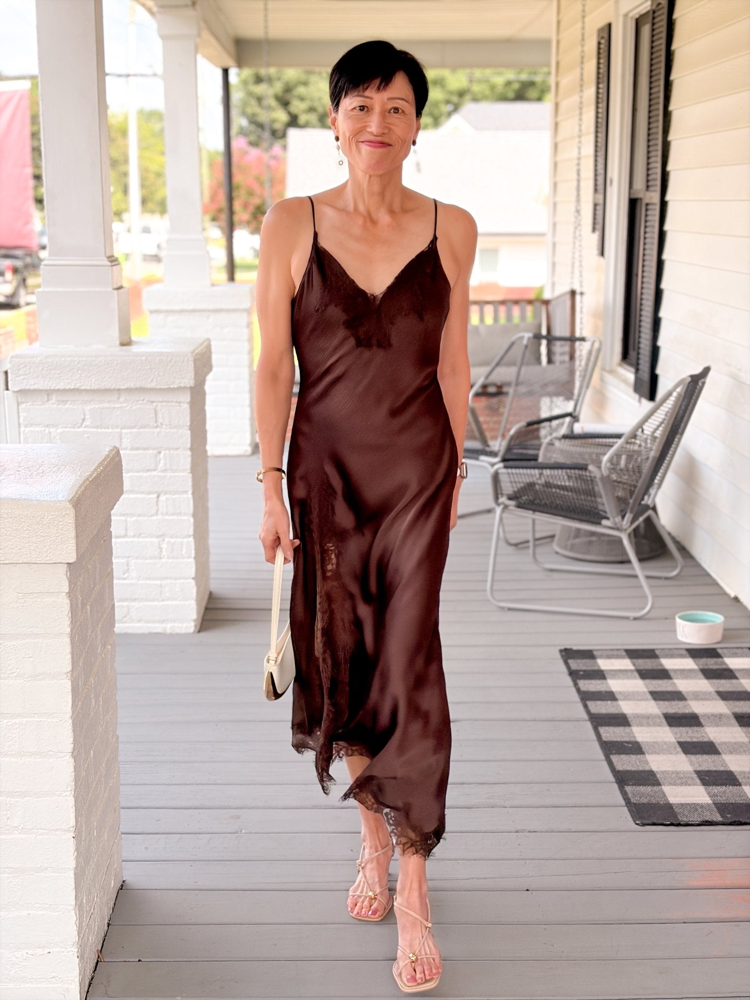 brown silk slip dress Not Just Pajama | New Arrivals | Nutty Hues Midi Knee length for effortless day Harlow Scoop Slip Dress Espresso