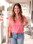 Pink Split Neck Short Sleeve Top