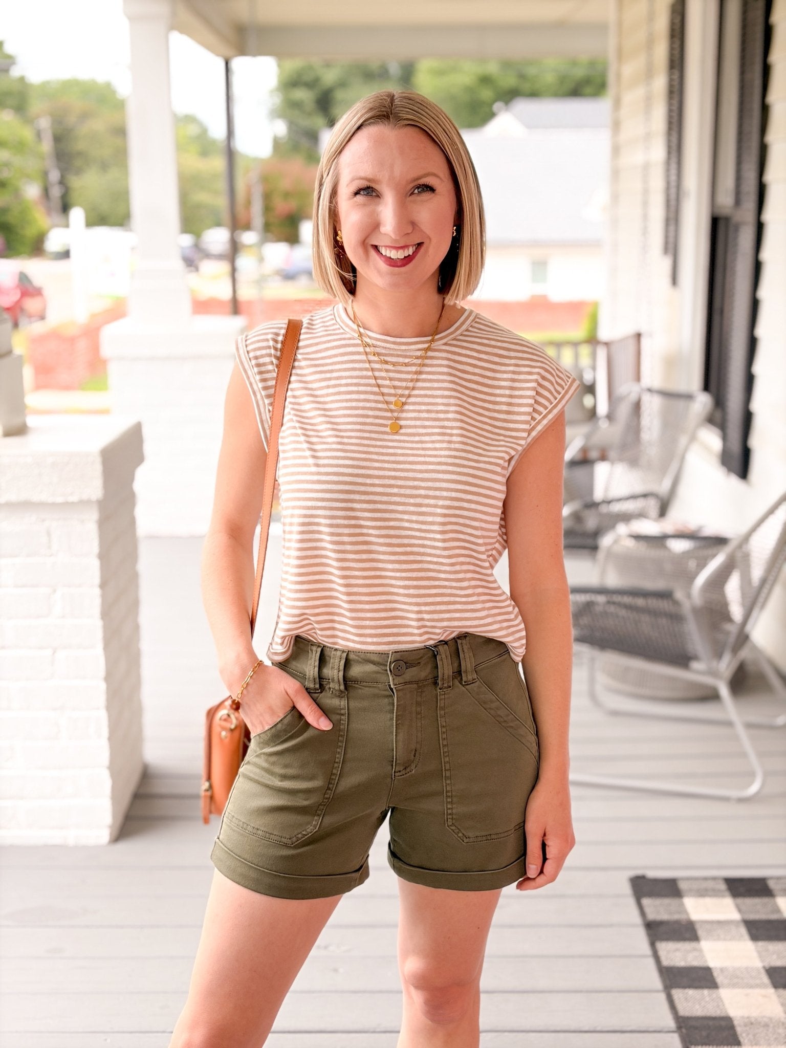 Rose & Lee Co Carrie Tee, Tan/White Stripe short sleeve
