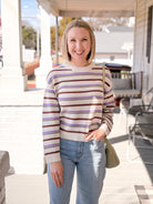 purple and green and ivory stripe long sleeve sweater