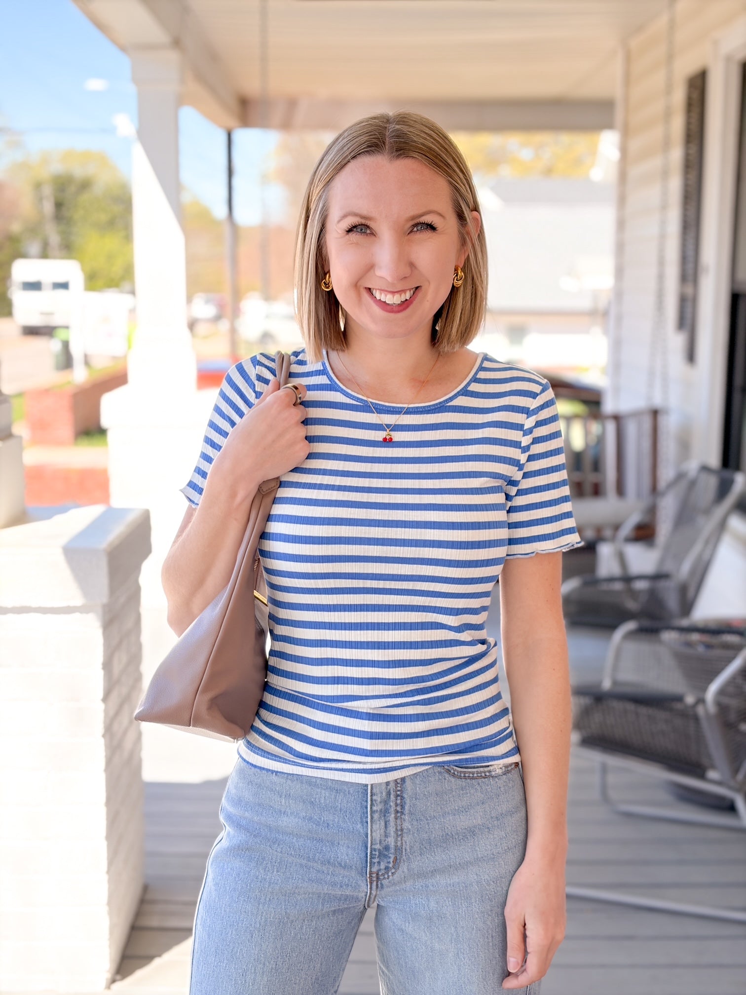 blue and white stripe short sleeve top