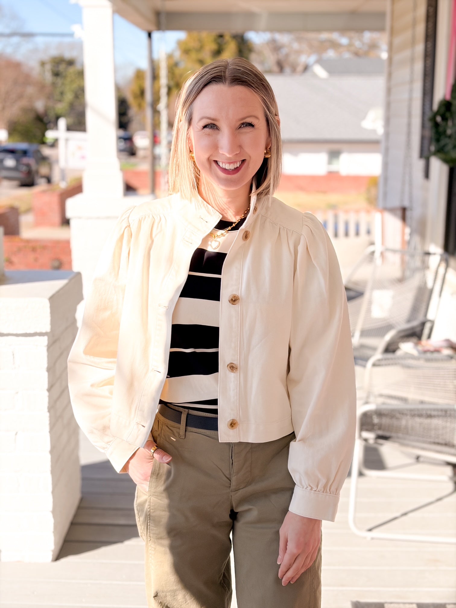 cream jacket with button front