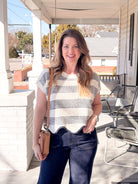 Navy/Ivory Striped Short Sleeve Sweater Top