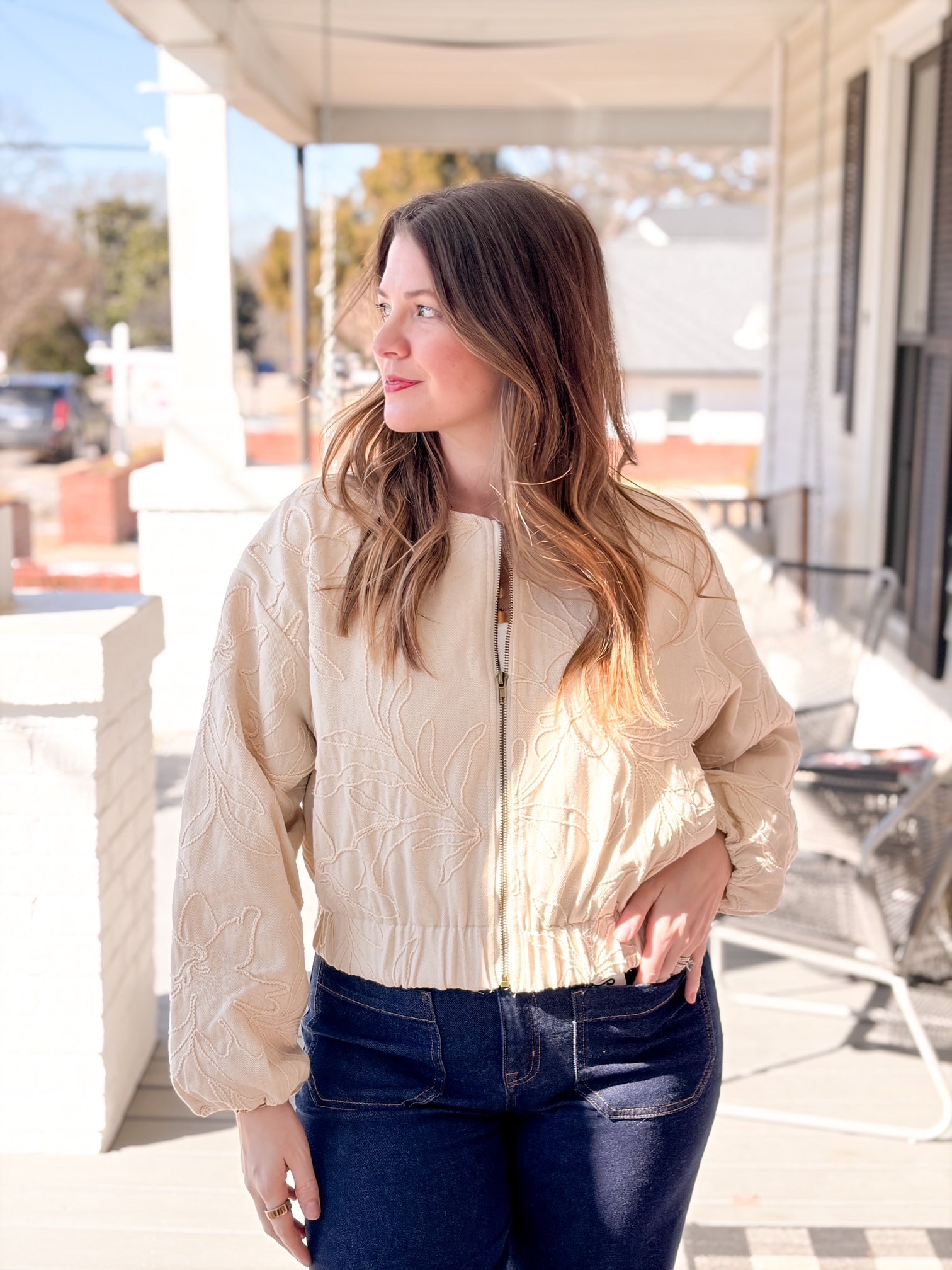 Cream Floral Jacquard Zippered Jacket