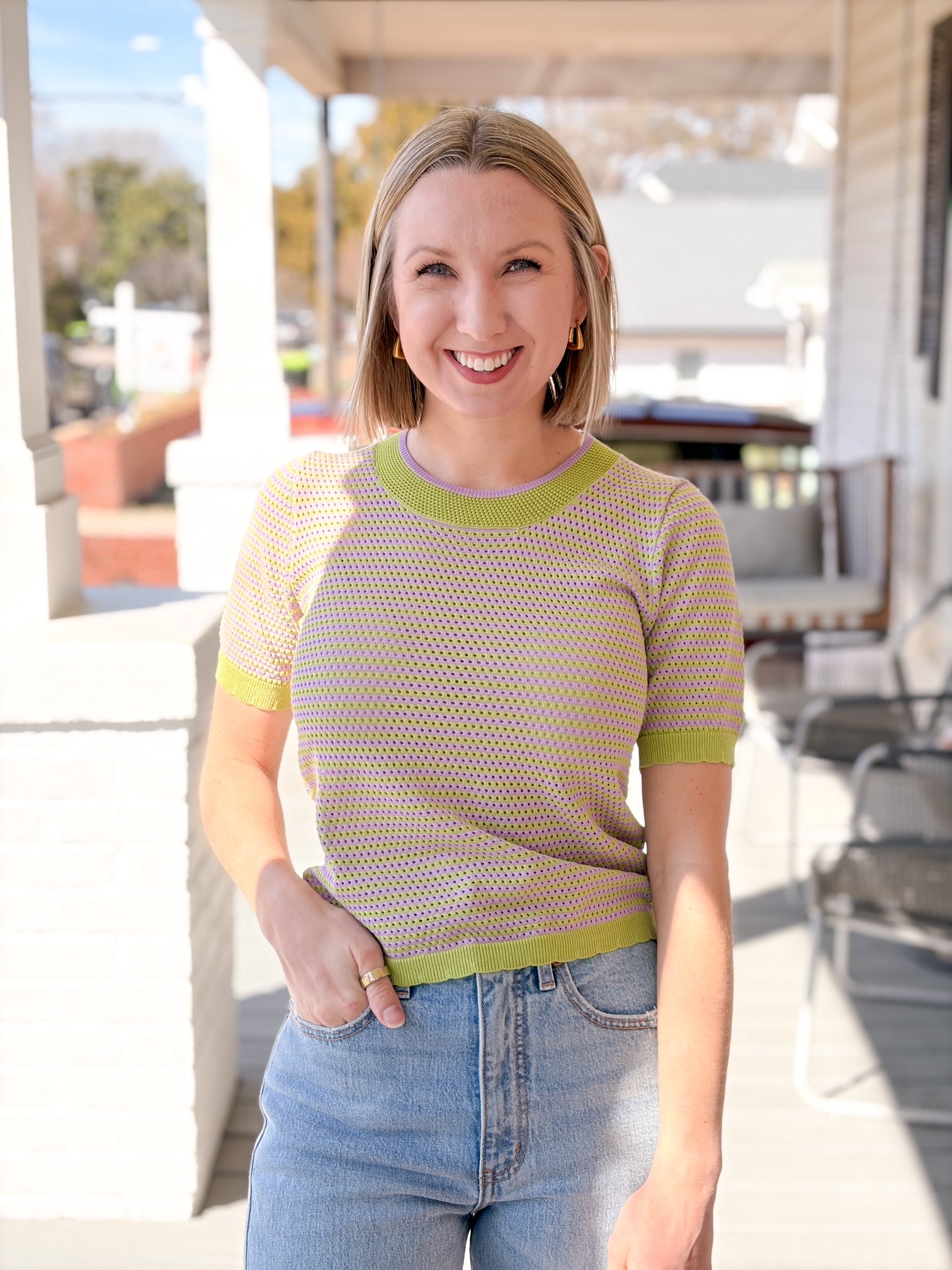 Rose & Lee Co Cora Top, Lavender/Lime Stripe by dRA short sleeve