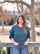 quilted teal crewneck sweater