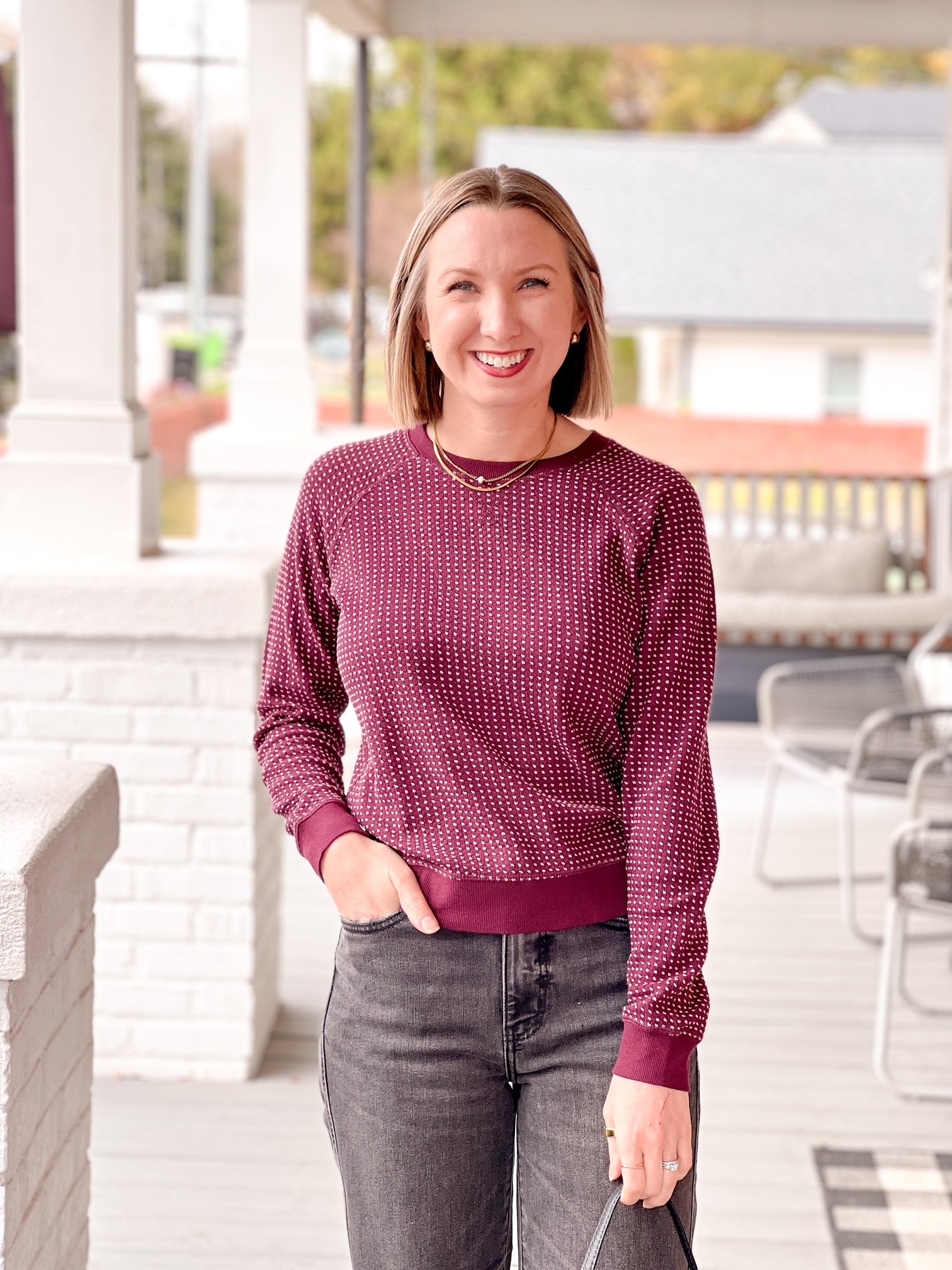 dot textured crew neck sweater