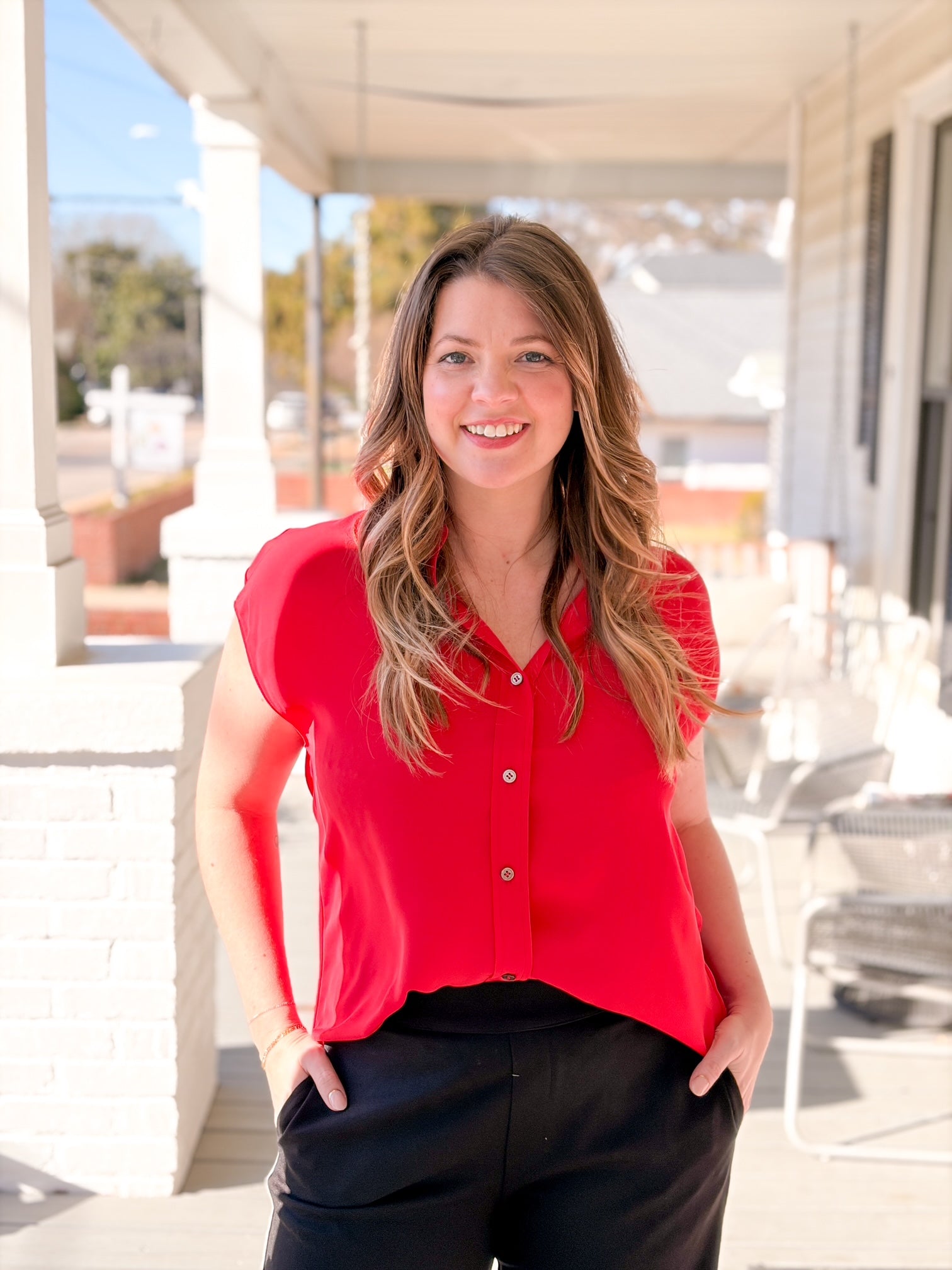 Red Short Sleeve Work Blouse