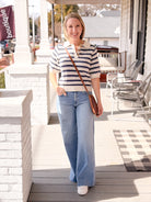 ivory short sleeve sweater with navy stripes