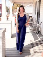 navy jumpsuit, wide leg, sleeveless