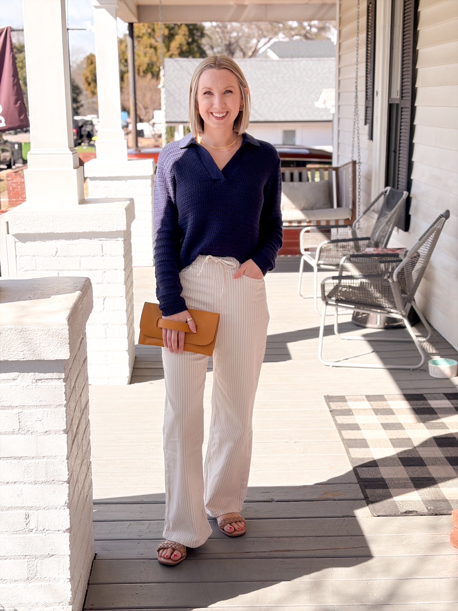 wide leg pant, elastic waist, ivory with pin stripe