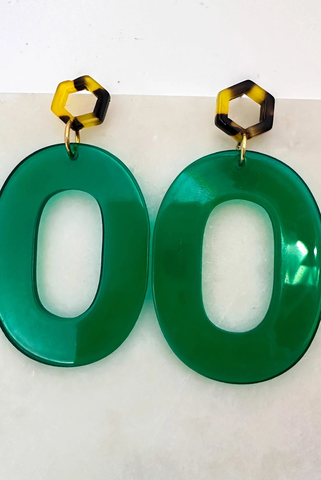 Emerald Green Oval Acetate Hoops with Tortoise Hex Stud Apex Ethical Boutique