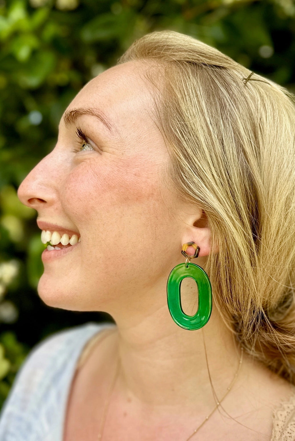 Emerald Green Oval Acetate Hoops with Tortoise Hex Stud Apex Ethical Boutique