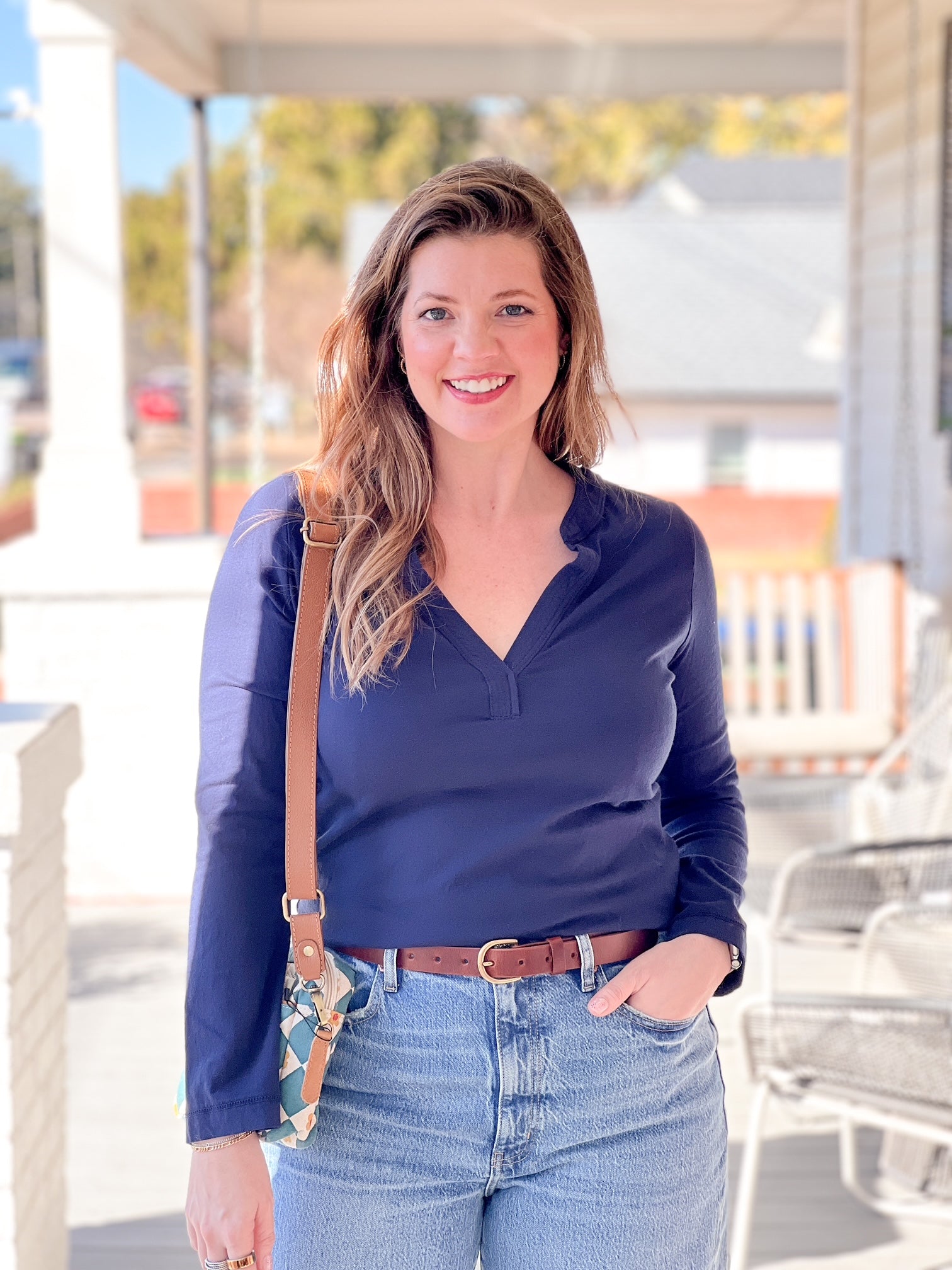 long sleeve navy blue top with v neckline