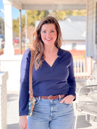 long sleeve navy blue top with v neckline