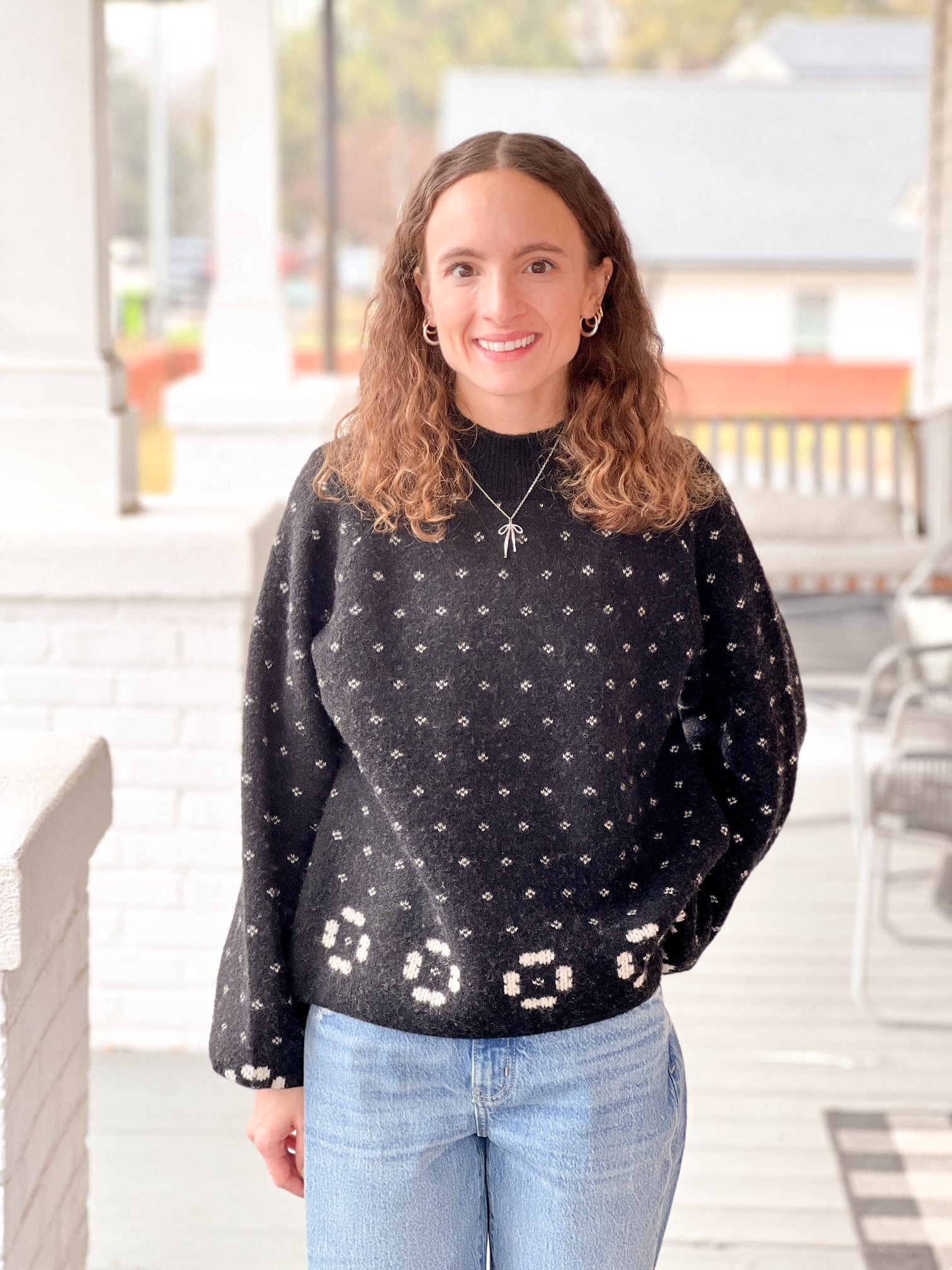 Soft Black & White Long Sleeve Sweater with Mock Neckline