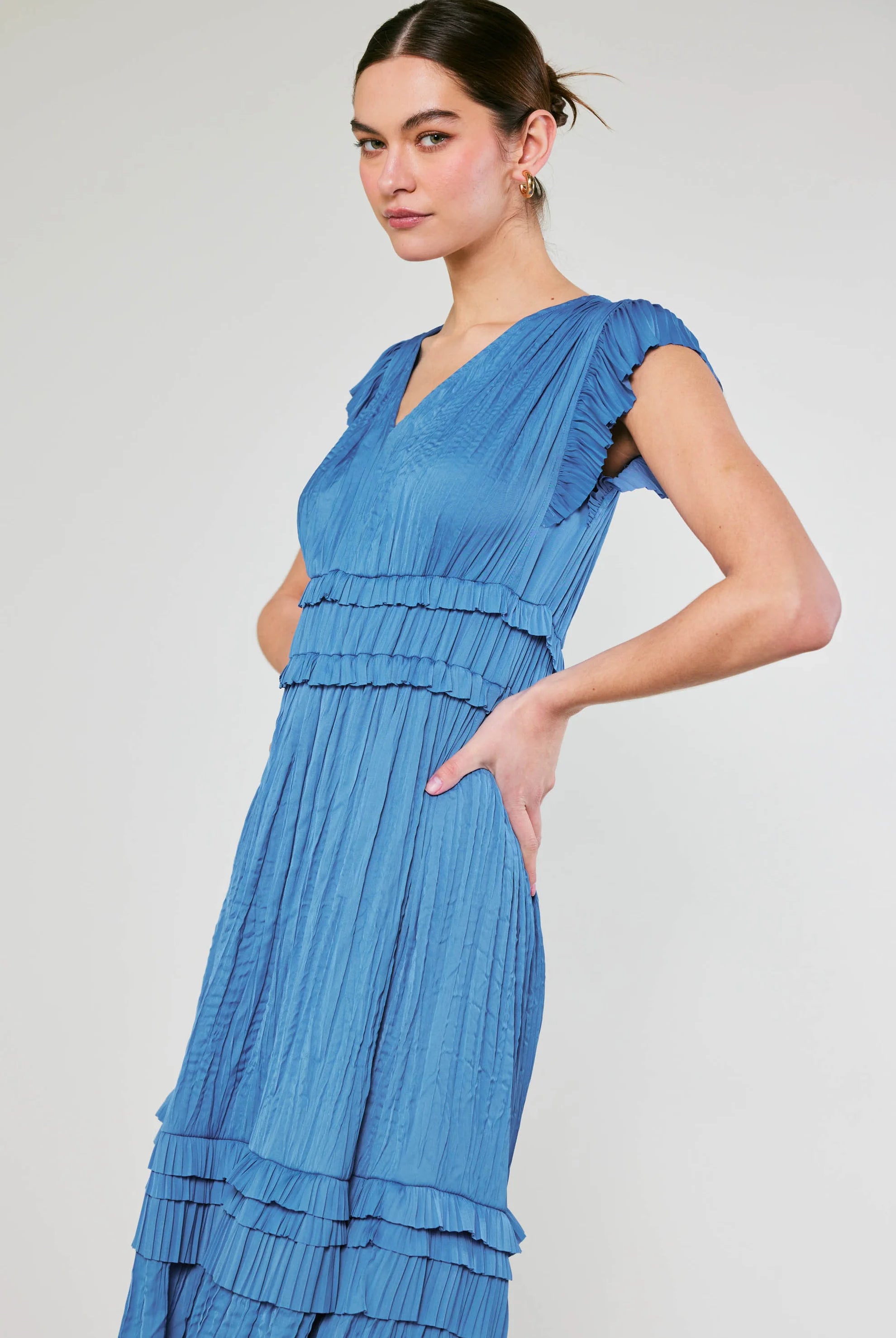 Faded Blue Pleated Midi Dress Apex Ethical Boutique