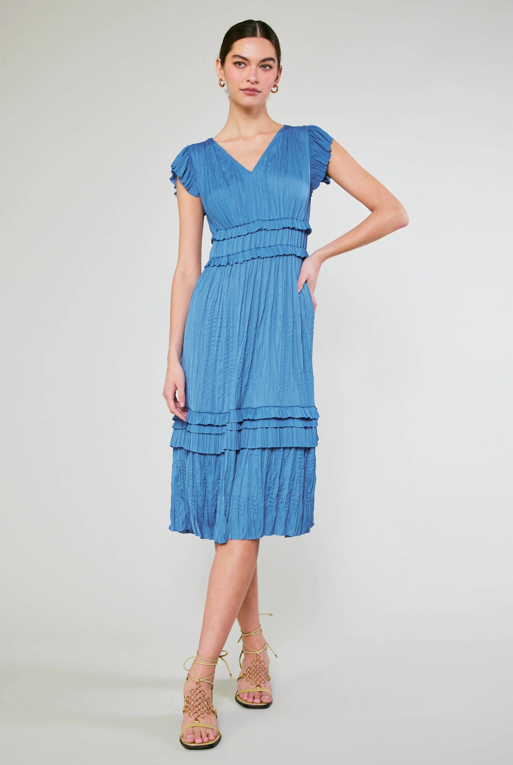 Faded Blue Pleated Midi Dress Apex Ethical Boutique
