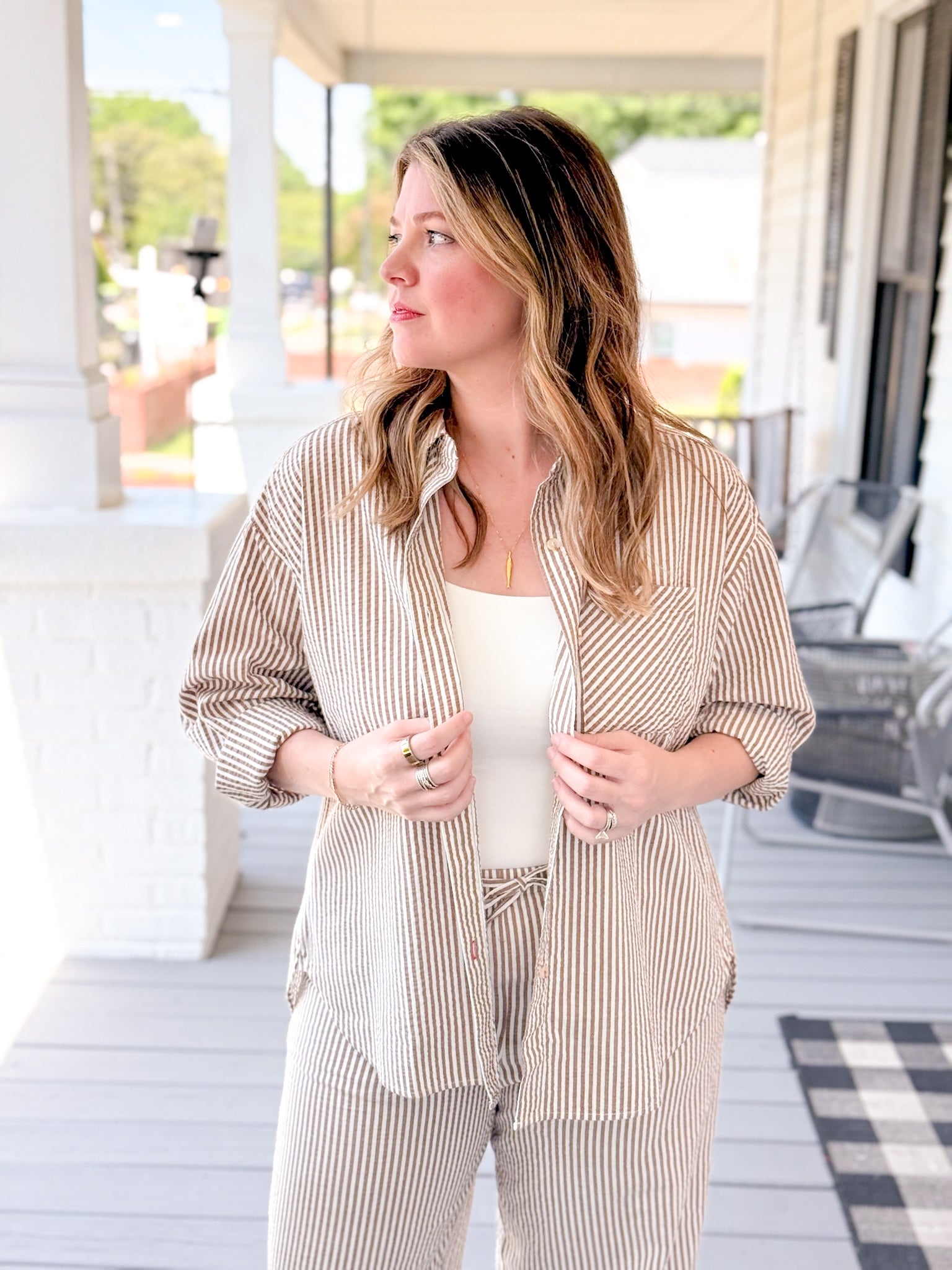 Rose & Lee Co Gracey Top, Mocha Stripe by Marine Layer Long Sleeve