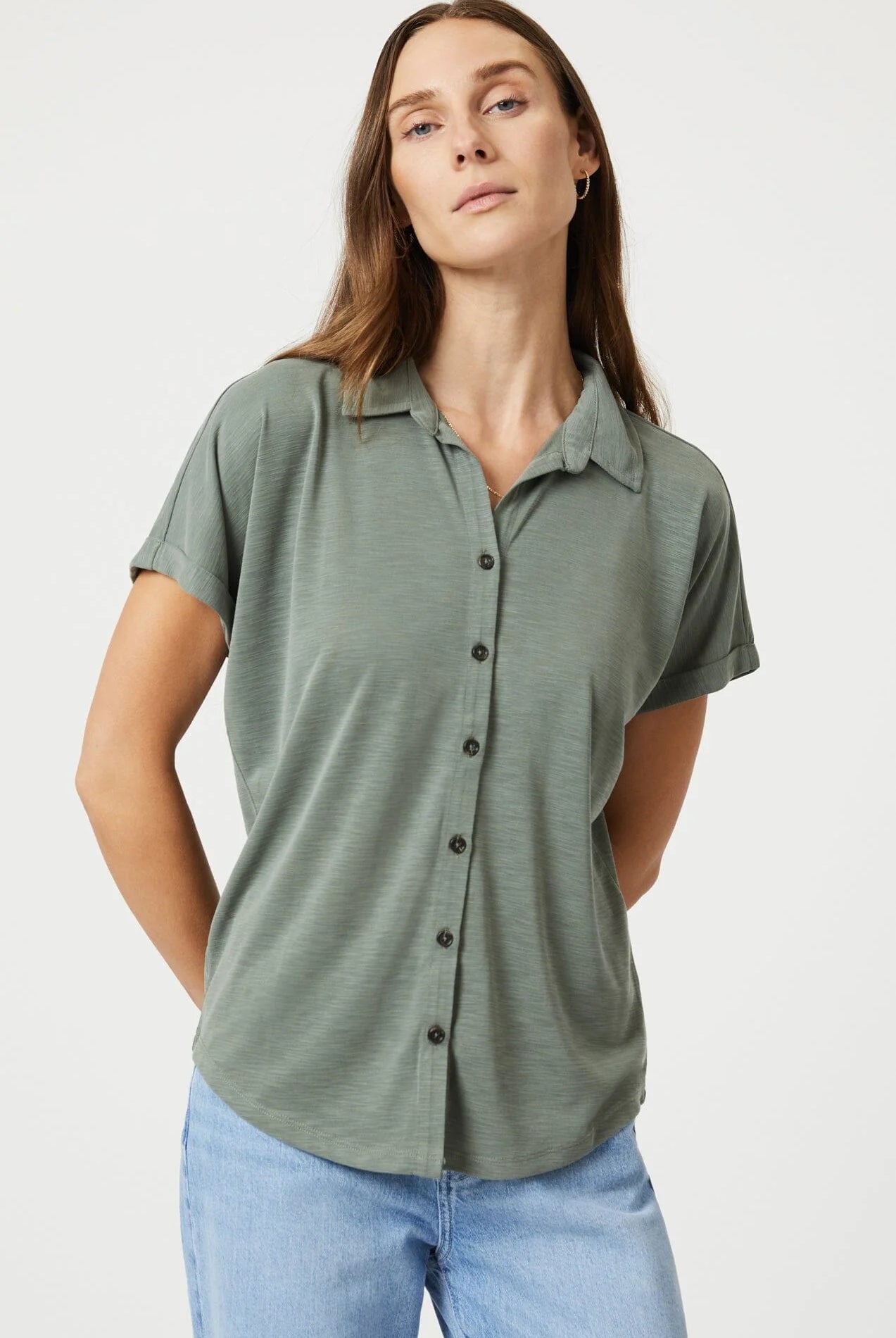 Green Khaki Short Sleeve Top Apex Ethical Boutique