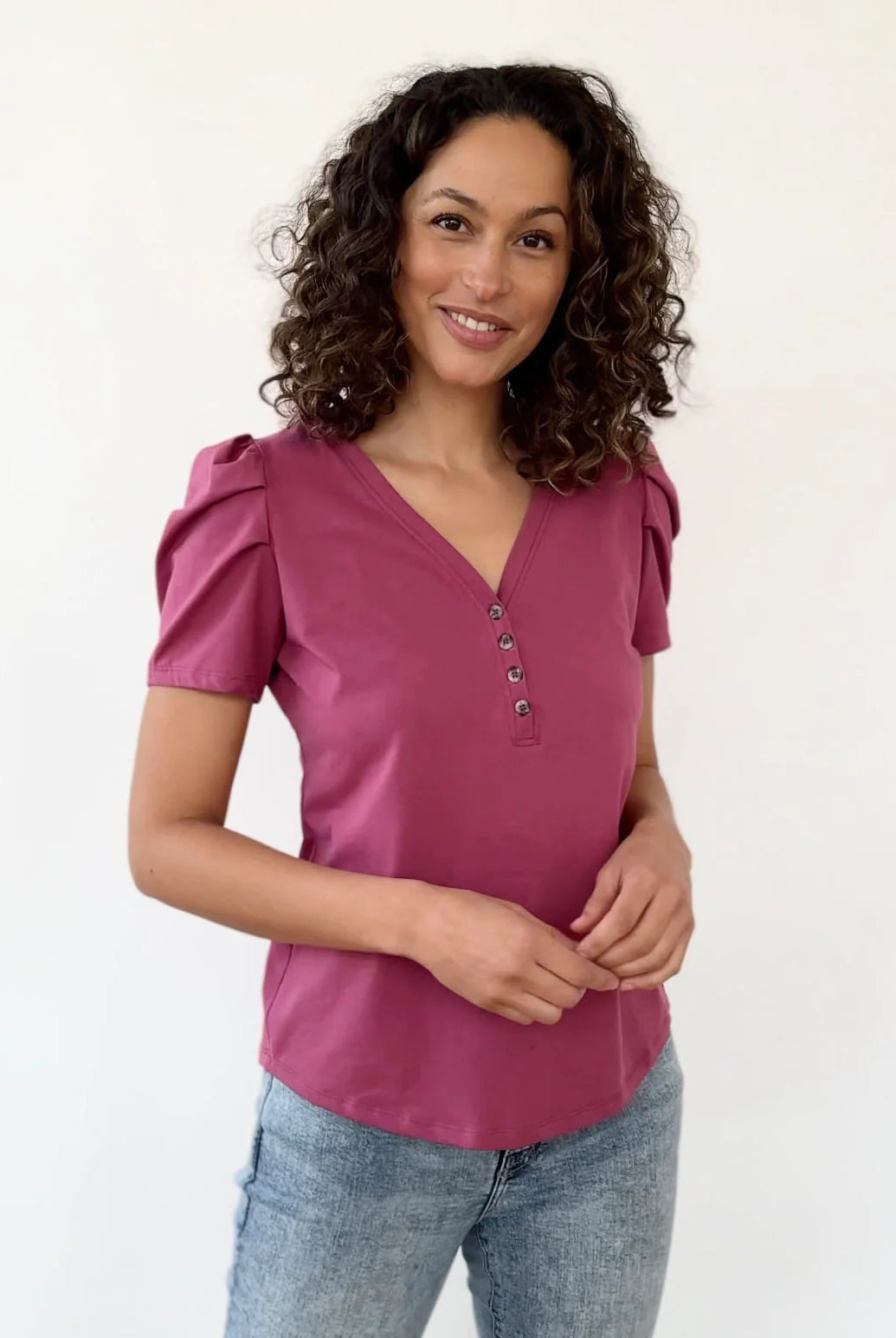 Henley Puff Sleeve Top Apex Ethical Boutique