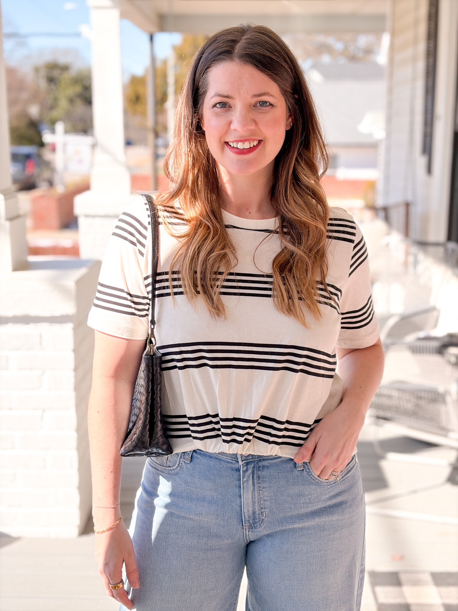 Striped Tucked Front Short Sleeve Top