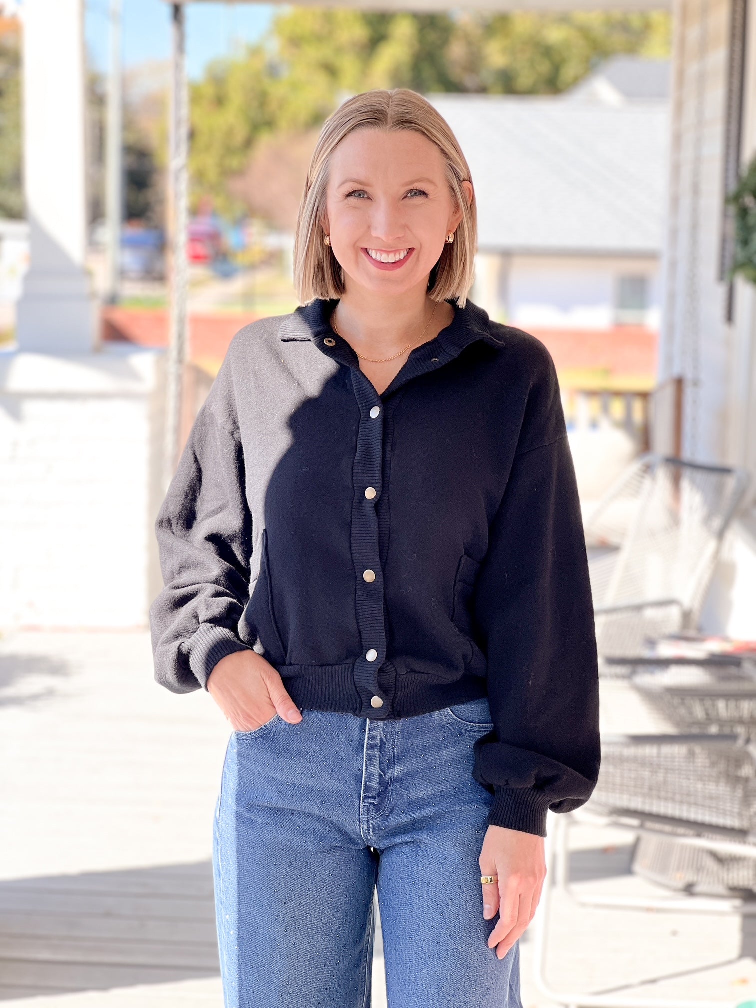 Long Sleeve Brass Button Front Jacket