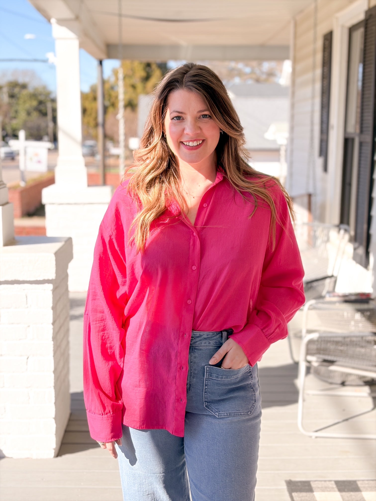 Hot Pink Lightweight Top with Gold Writing on the Back